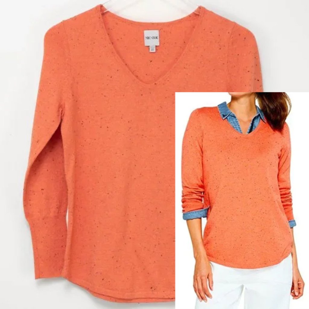 Nic + Zoe Vital Sweater Speckled Cotton Rayon V-Neck Bright Orange Petite Xs